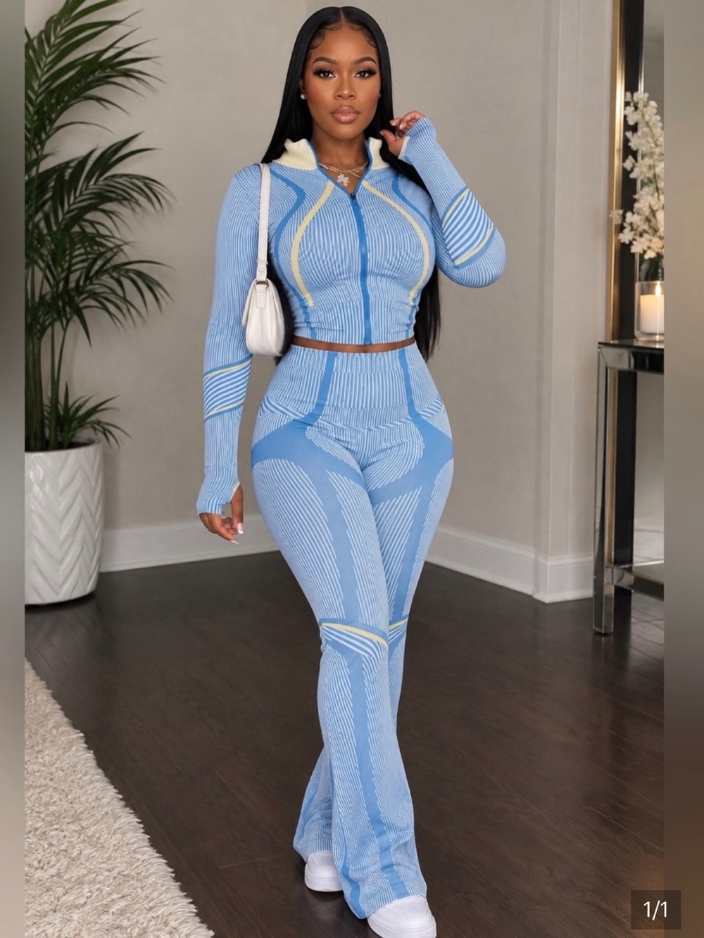 Light Blue Ribbed Two-Piece Jumpsuit Set